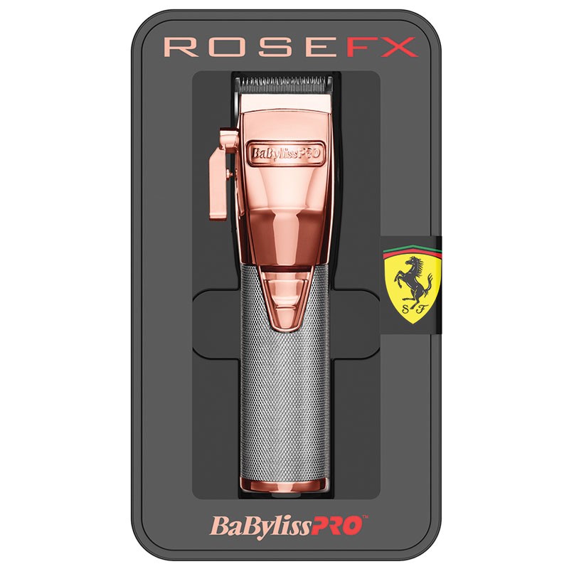 Máquina de cortar cabelo BaBylissPRO Rose FX com caixa preta e logotipo Ferrari