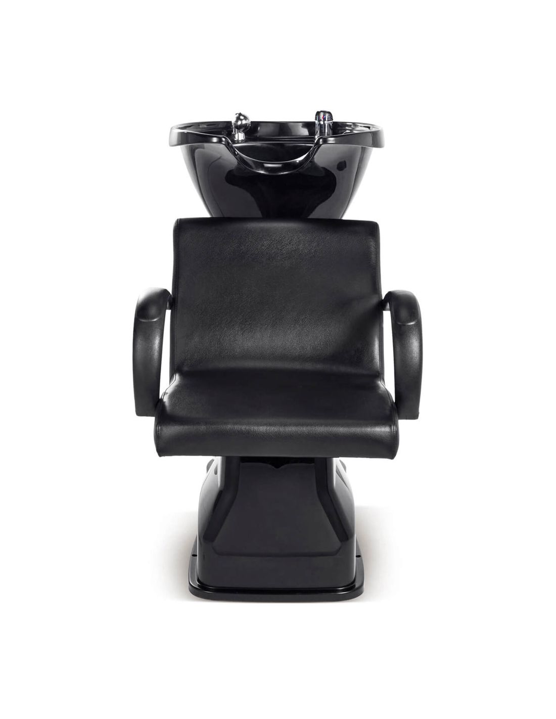 Cadeira de salão de beleza preta com cuba de lavagem