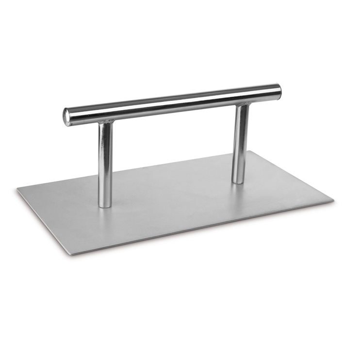 Base metálica retangular prateada com pega cilíndrica prateada