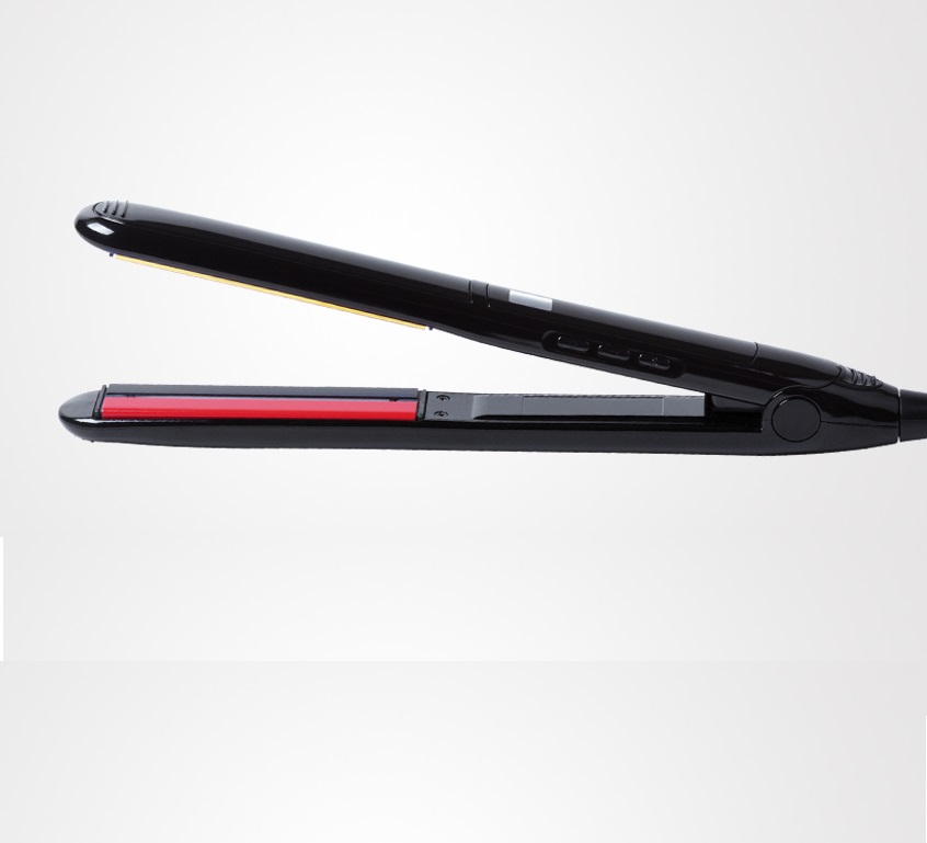 Prancha alisadora de cabelo preta com placas vermelhas