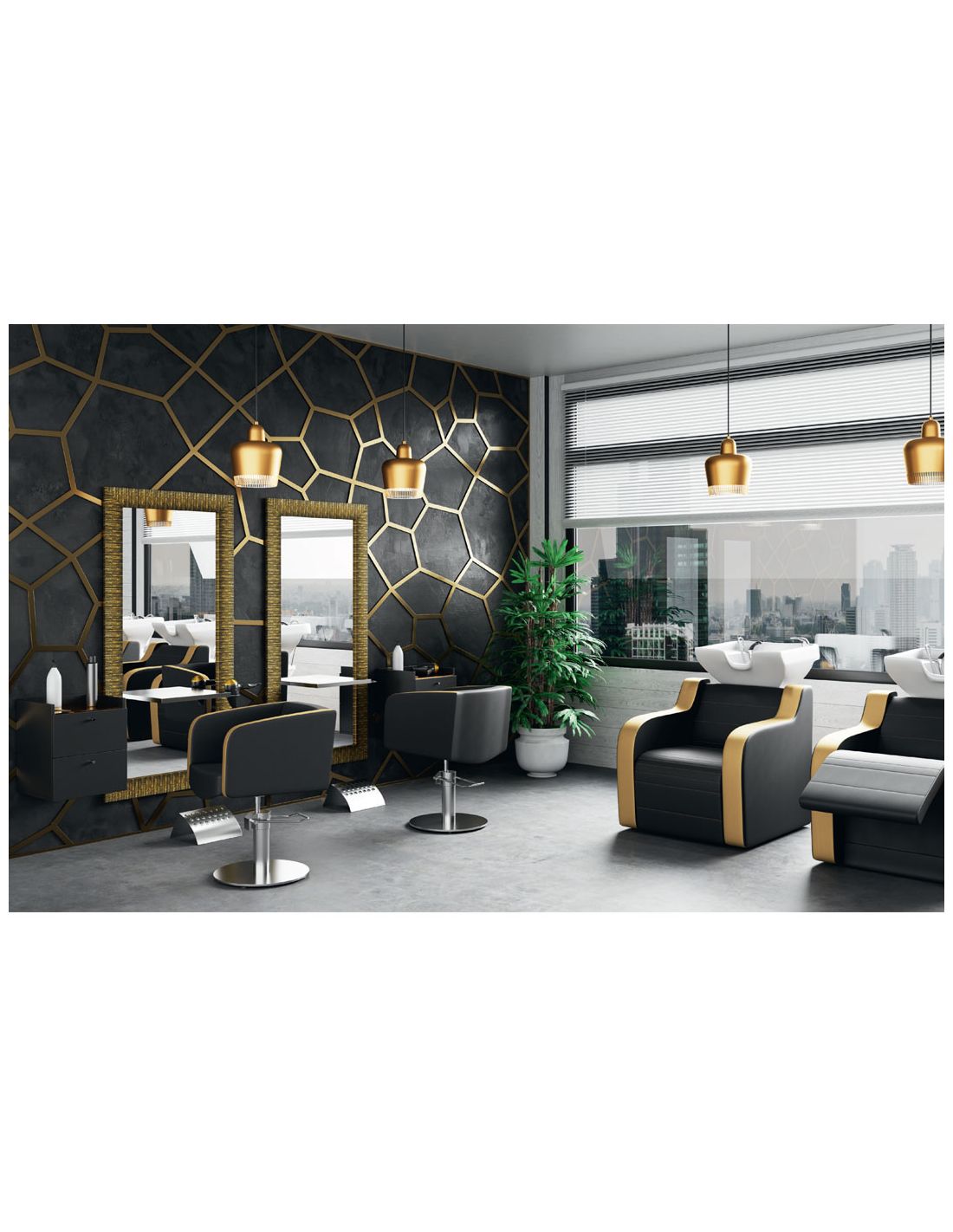 Sala de cabeleireiro moderna com cadeiras e espelhos dourados num ambiente preto e dourado