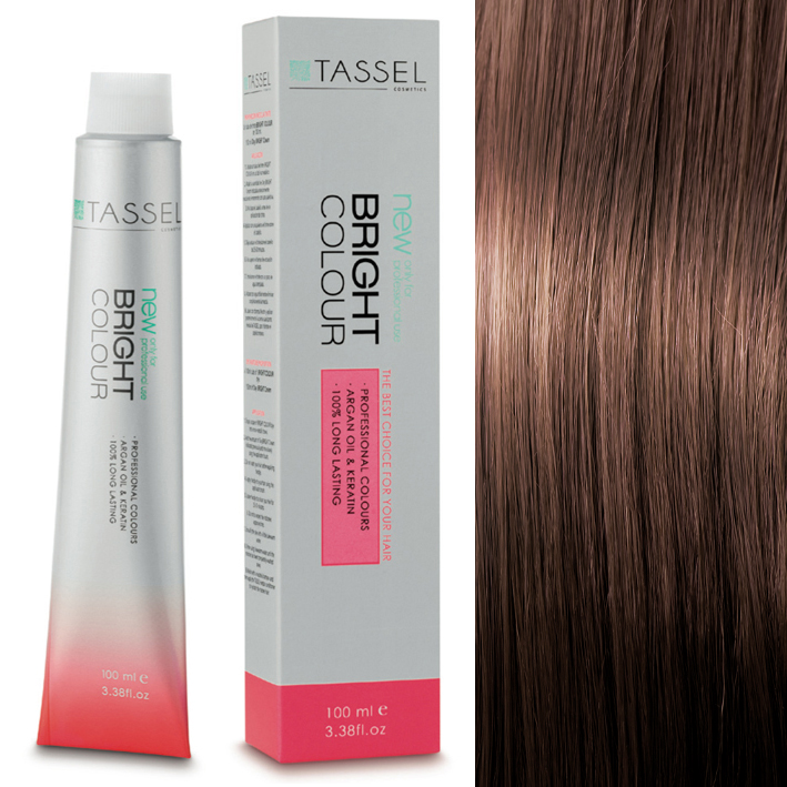 Tubo e caixa de tinta de cabelo TASSEL Bright Colour ao lado de cabelo castanho liso