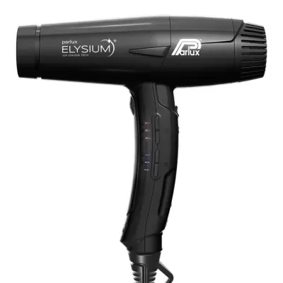 Secador de cabelo preto Parlux ELYSIUM com texto branco e botões na pega