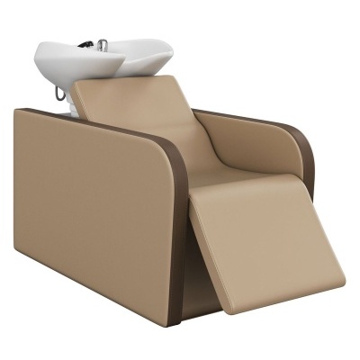 Cadeira de lavagem para salão com estofado bege e lava-cabeças branco