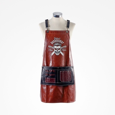 Avental de couro castanho com bolsos pretos e estampa caveira BARBERSHOP