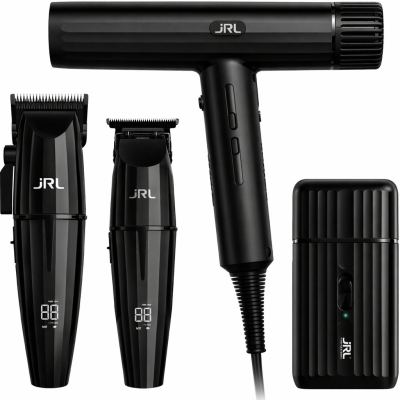Conjunto de máquinas de cortar cabelo, secador e aparelho compacto JRL em preto.