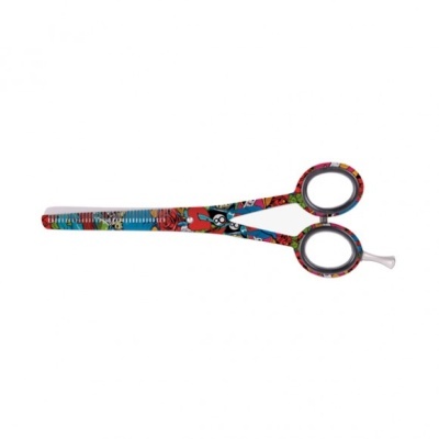 Tesoura de cabelo colorida com lâminas serrilhadas e padrão vibrante