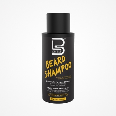 Frasco preto de shampoo para barba com texto em amarelo e branco