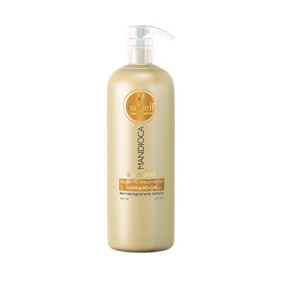 Frasco dourado claro de shampoo Bio Extratus Mandioca 1 litro com tampa de bomba