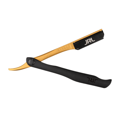 Navalha para barbear preto e dourado com o texto JRL