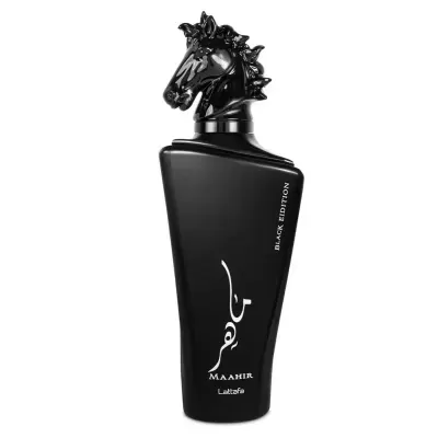 Frasco de perfume preto com tampa em forma de cabeça de cavalo