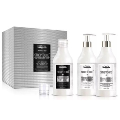 Conjunto L'Oréal Smartbond com três frascos e caixa cinzenta texturada