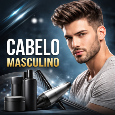 Produtos para cabelo masculino e texto promocional