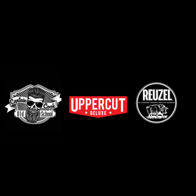 Três logotipos de marcas, incluindo Captain Cook Old School, UPPERCUT DELUXE e REUZEL em fundo preto.