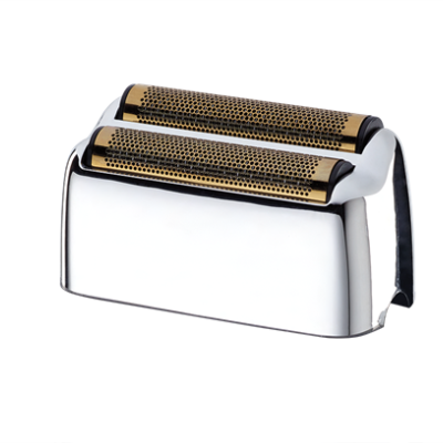 Cabeça de máquina de barbear elétrica prateada com grelhas douradas.