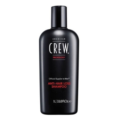 Frasco preto de shampoo American Crew Trichology antiqueda 1 litro