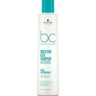 Frasco de shampoo branco e azul Schwarzkopf BC Bonacure Moisture Kick.