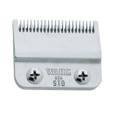 Cabeça de máquina de cortar cabelo metálica WAHL prateada com marcações e parafusos