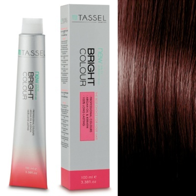 Tubo e caixa TASSEL Bright Colour com amostra de cabelo castanho avermelhado