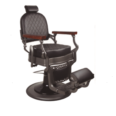 Cadeira de barbeiro preta com estofado matelassê e apoios de braços em madeira