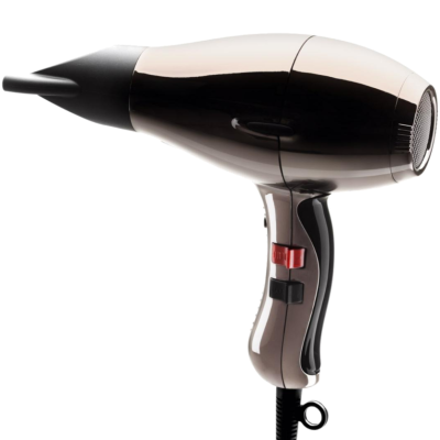 Secador de cabelo prateado e preto com bocal concentrador