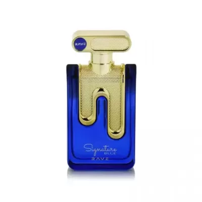 Frasco de perfume azul com tampa dourada e texto Signature BLUE RAVE