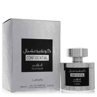 frasco de perfume e caixa prateados COM texto CONFIDENTIAL e PLATINUM