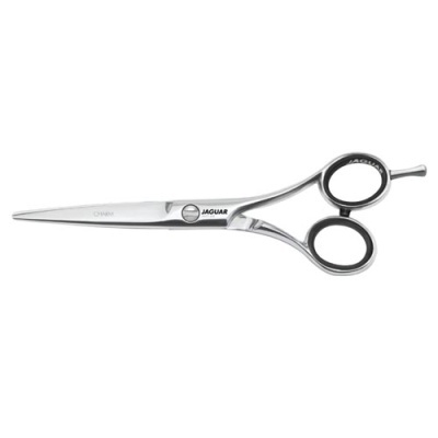 Tesoura de corte profissional em metal prateado com punhos pretos e texto JAGUAR