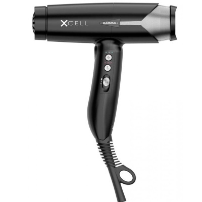 Secador de cabelo preto e cinzento com botões e escrita XCELL e gamma+