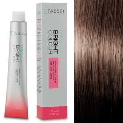 Tubo e caixa do produto TASSEL BRIGHT COLOUR junto a amostra de cabelo castanho liso