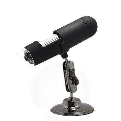 Microscópio digital portátil preto com base metálica prateada ajustável