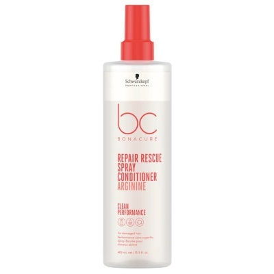 Frasco branco com spray vermelho e texto Vermelho do condicionador bonacure Repair Rescue