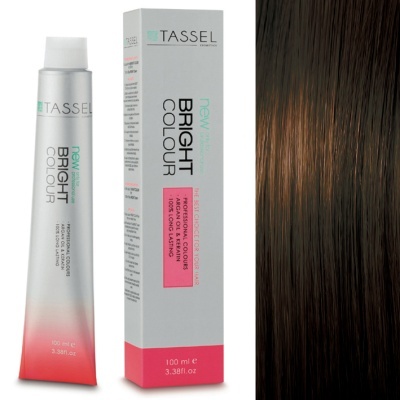 Tubo e caixa de tinta TASSEL BRIGHT COLOUR ao lado de mecha de cabelo castanho com reflexos