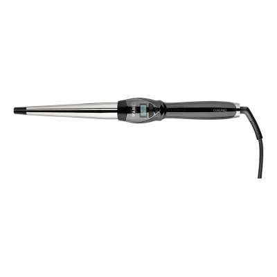 Modelador de cabelo cónico prateado e preto com display digital e fio preto