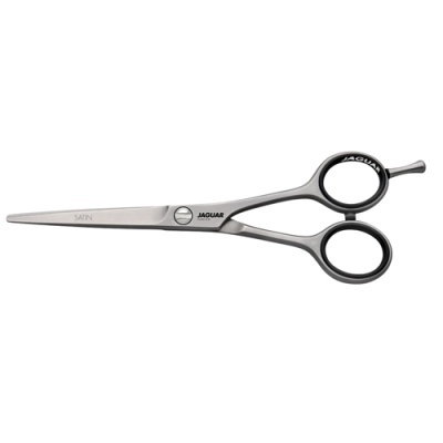 Tesoura de cabelo prateada com texto Jaguar e Satin