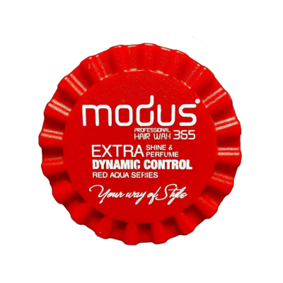 Tampa vermelha de cera para cabelo com texto branco Modus