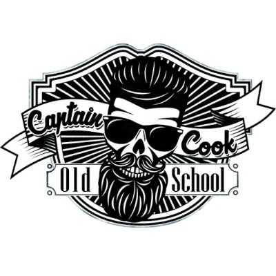 Logotipo preto e branco com crânio de homem com cabelo e barba estilizados e texto