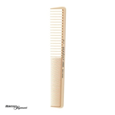 Pente creme com dentes largos e finos e texto preto