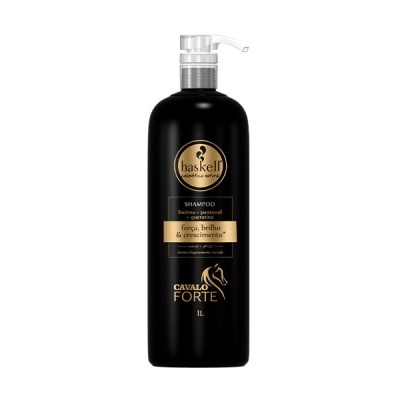 Frasco preto com válvula e rótulo dourado de shampoo Haskell Cavalo Forte
