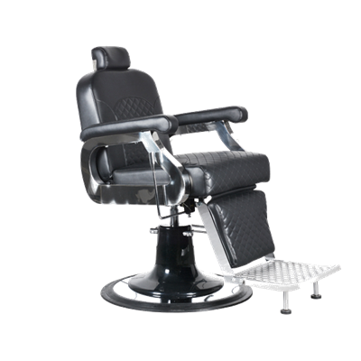 Cadeira de barbeiro preta em pele sintética com apoio de cabeça e pés ajustáveis.