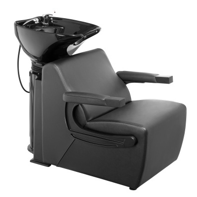 Cadeira de lavagem de cabelo preta para salão com lavatório e torneira