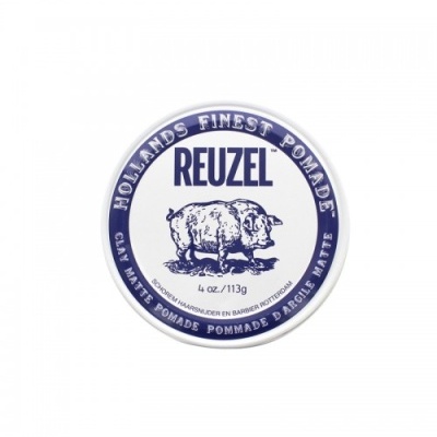 Embalagem redonda branca de pomada REUZEL com ilustração de porco e texto azul