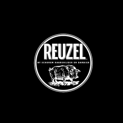 Logotipo branco e preto REUZEL com porco no centro