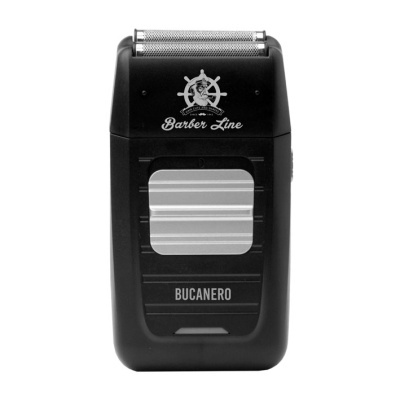aparelho de barbear elétrico preto com detalhes prateados e texto Barber Line BUCANERO