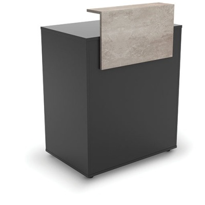 Móvel receção preto com tampo cinza claro textura cimento