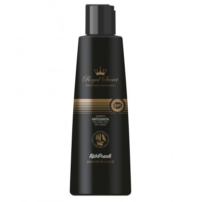 Frasco preto de champô anticaduta Royal Secret de 250ml com detalhes dourados.