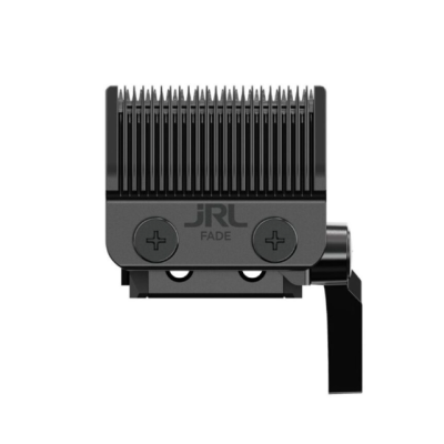 Cabeça de máquina de cortar cabelo preta com lâminas verticais e texto jRL FADE