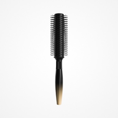 Escova de cabelo redonda preta com cabo preto e castanho claro