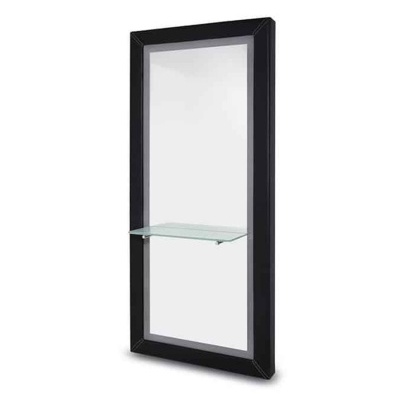 Espelho de parede com moldura preta e prateleira de vidro