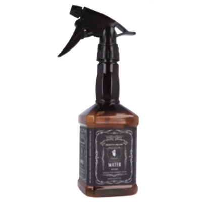 Frasco pulverizador castanho com tampa preta e rótulo preto com texto branco